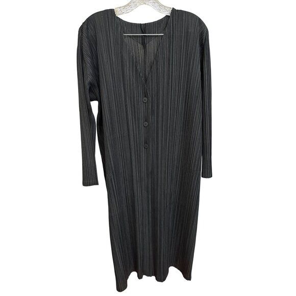 Pleats Please Issey Miyake Black Long-Sleeve Button-Front Pleated Dress Womens S - Picture 1 of 7